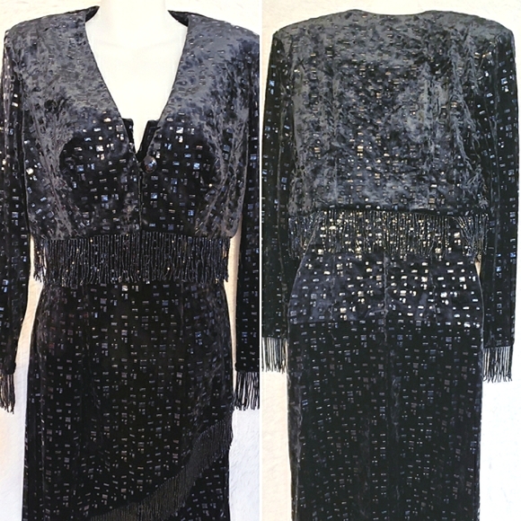 Black Beaded Velvet Leather Dress with Jacket 80s Vintage Italian Couture - Picture 10 of 15